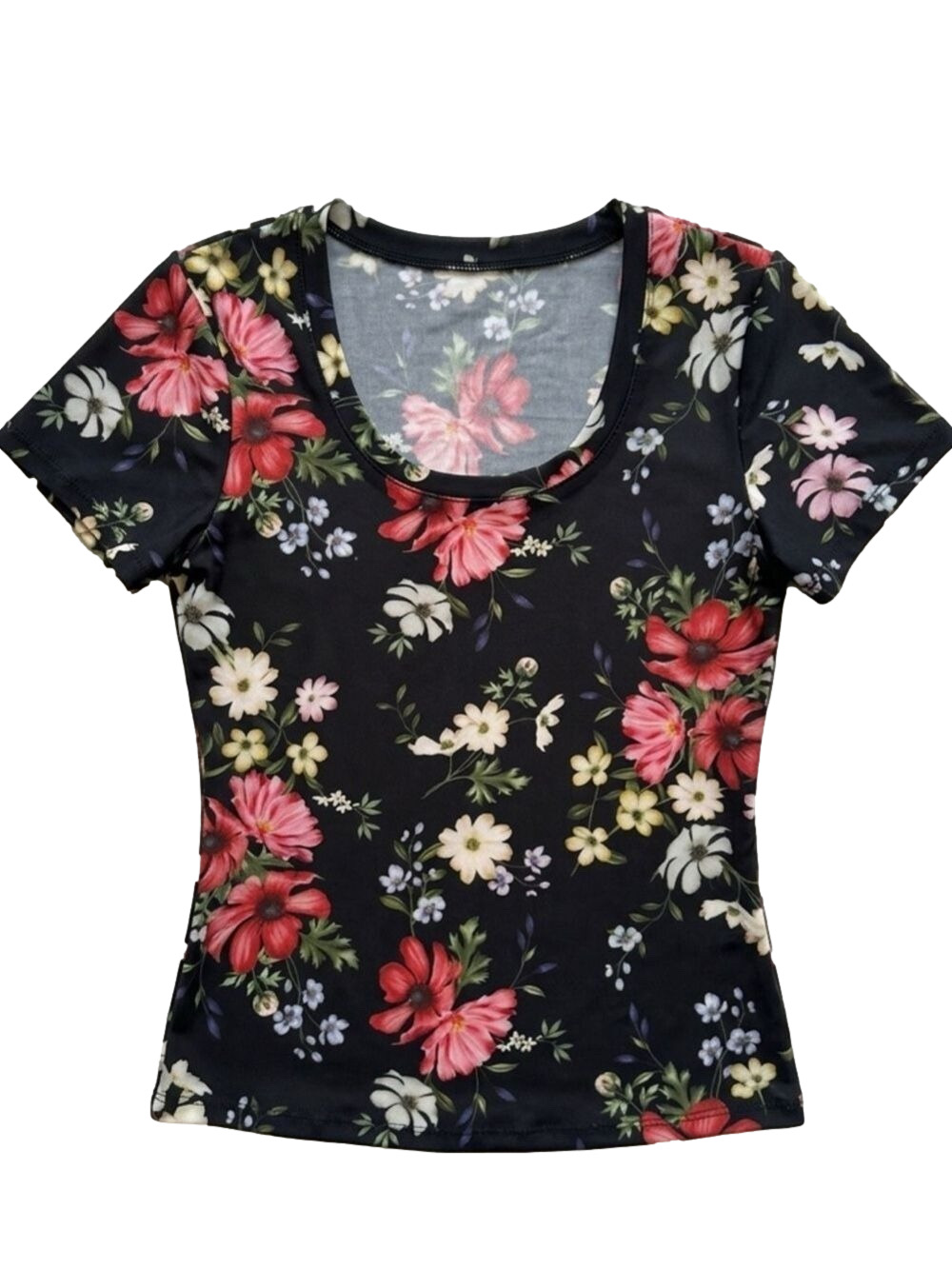 Avec Les Filles Floral Top Black Pink Scoop Neck Stretch Fitted XS